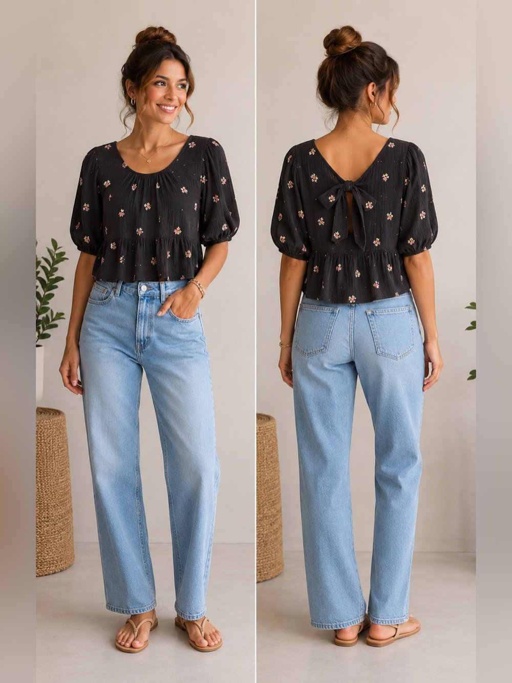 HYFVE Black Gauze Embroidered Floral‎ Crop Top Tie Back Large
